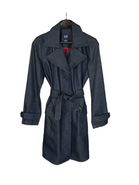 GAP Womens XS Denim Blue Dark Wash Cotton-Blend Belted Trench Coat. Retail $145