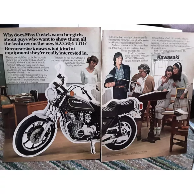 Kawasaki Motorcycle Miss Cusick 2 Page ad vintage 1980 Magazine Print Ad