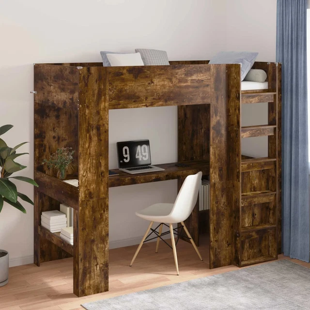LOFT BED FRAME with Desk Smoked Oak 90 x 190 cm Engineered Wood vidaXL ...