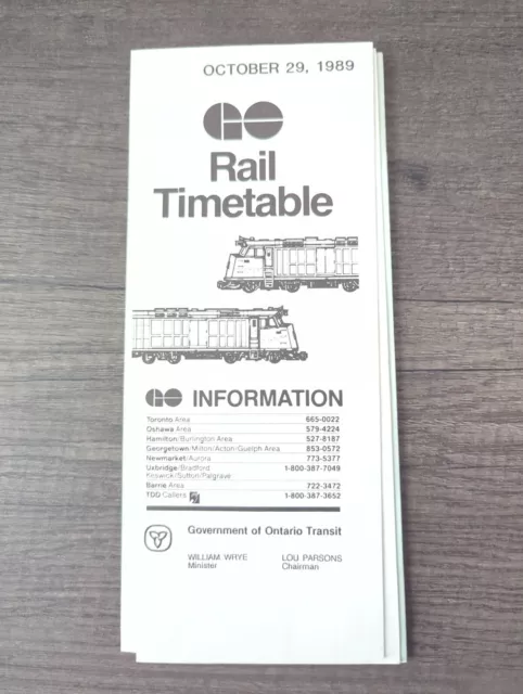 GO Rail Government of Ontario Transit Timetable October 29th 1989