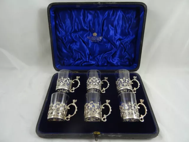 BOXED set x 6 sterling silver & glass TOT CUPS, 1903