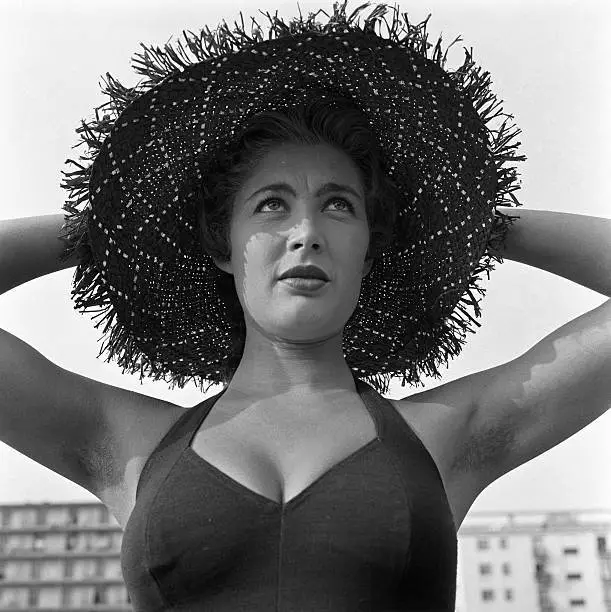 French actress Lise Bourdin wearing swimsuit straw hat set film Sc- Old Photo