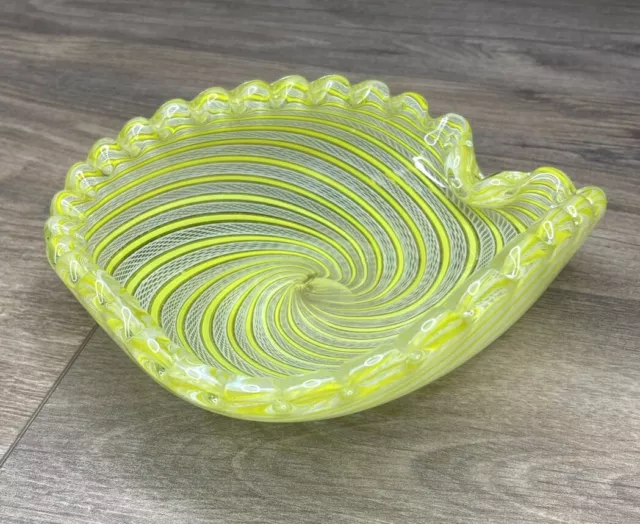 VTG MCM Fratelli Toso Murano Glass Bowl With Yellow And White Zanfirico Ribbon