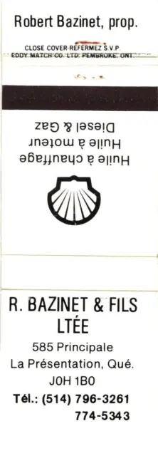 Quebec Canada R. Bazinet & Sons Ltd., Heating Oil Vintage Matchbook Cover