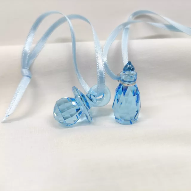 🍼👶 Swarovski Crystal Moments 2003 Blue Ornament Set Pacifier & Bottle .No Box.