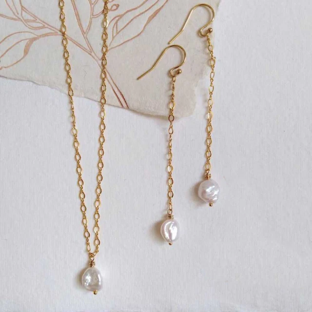 10-11MM Natural freshwater Baroque pearl pendant earring set Wholesale Gold