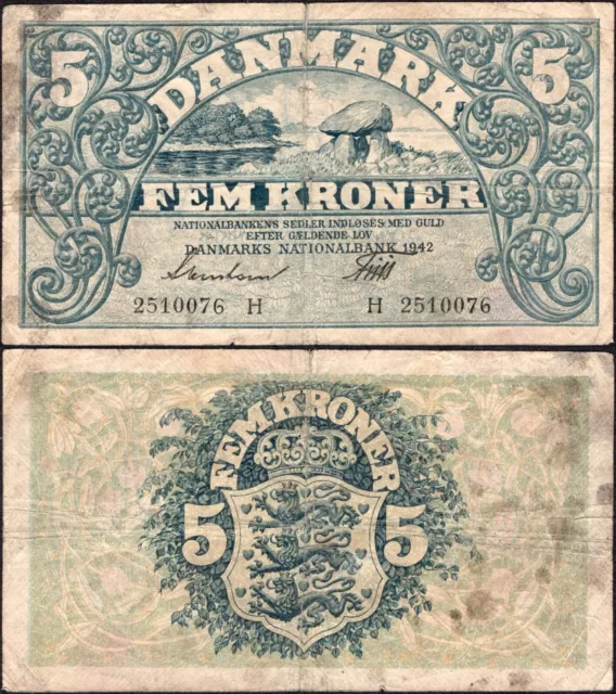 5 Kroner 1942 - Prefix H - Series: 2510076 - Denmark - Pick:30g  -"VG" - C44