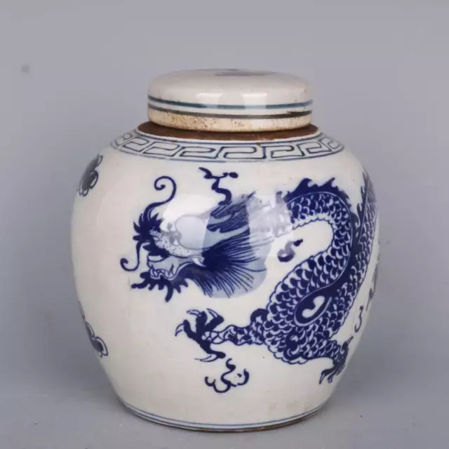 Chinese Blue and White Porcelain Pot Qing Guangxu Dragon Design Tea Caddy 6.0"