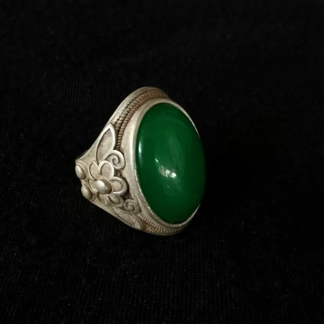Exquisite Old Chinese tibet silver inlay green jade handcarved flower ring 2