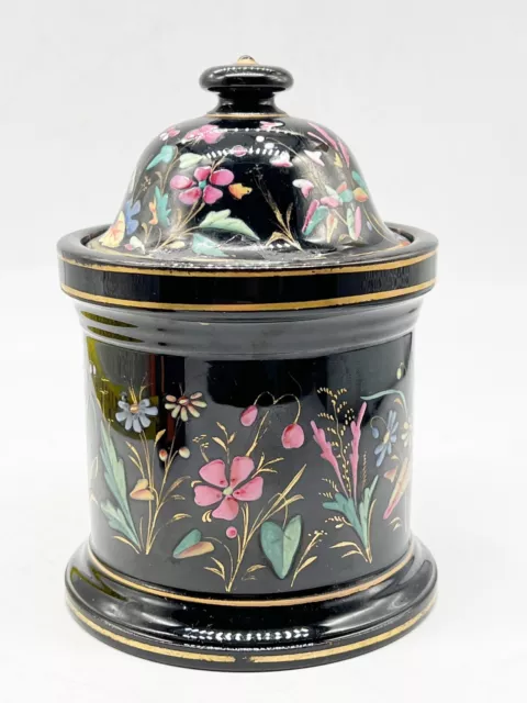 Antique Victorian Pottery Hand Painted Black Floral Flower Lidded Tea Caddy Pot