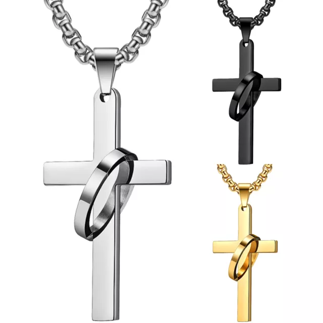 Men's Stainless Steel Large Halo Ring Cross Pendant Necklace