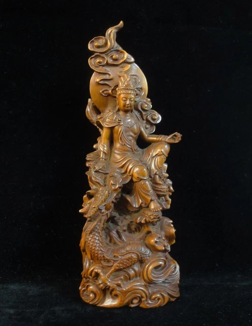 Old Chinese Hand Carving Moon "GuanYin" Buddha Boxwood Statue Sculpture
