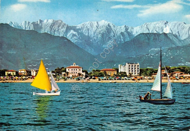 Cartolina Marina di Massa panorama dal mare barca a vela timbro pt 1967