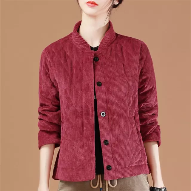 Ladies Corduroy Coat Quilted Jacket Button Pockets Warm Outwear Winter Thermal