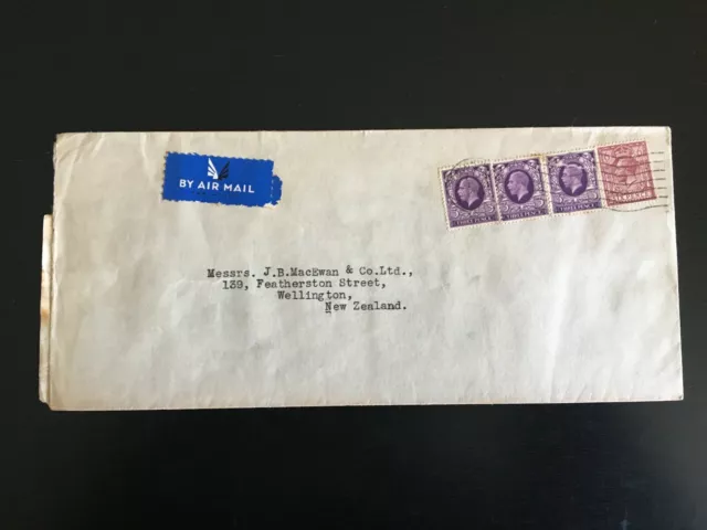 GB 1937 GV 1s3d Rate Airmail Letter, Wandsworth to Wellington, NZ (PSE28)