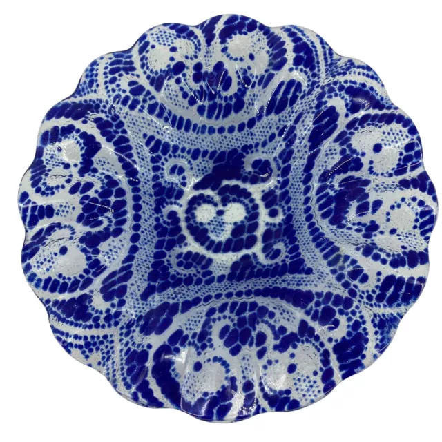 VTG Sydenstricker Cobalt Blue Fused Glass Ruffled Candy Dish Fruit Bowl 6.5"DIA