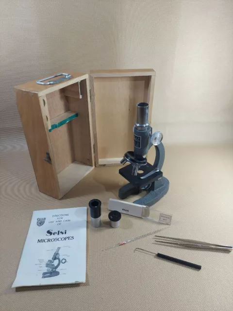 Vintage 1960's Selsi Microscope with Wood Case and Lenses