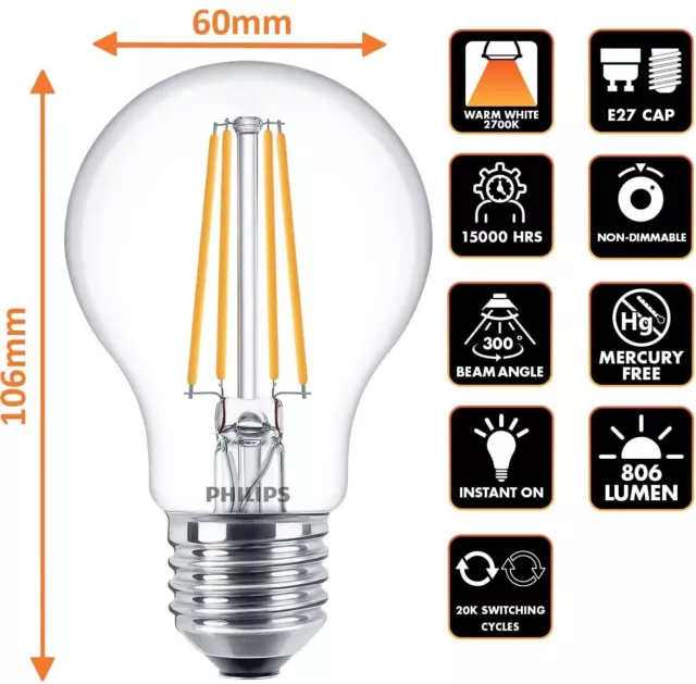 Philips GLS E27 Edison Screw LED Filament Light Bulb 7(60)W LED Warm White 806lm 2