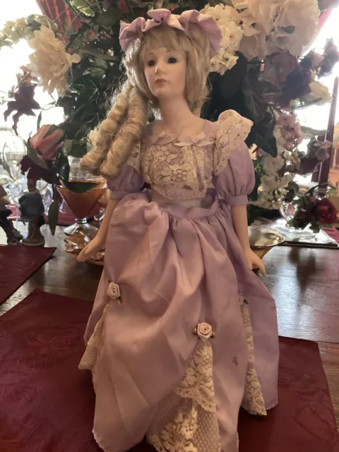 1989 Heritage Mint Ltd Victorian Era Porcelain Doll 15 in w/ Stand Purple Dress