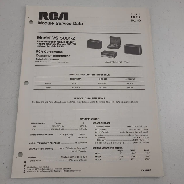 VINTAGE RCA MODULE Service Data Model VS 5001 Z 1972 No 40 Tuner Record ...