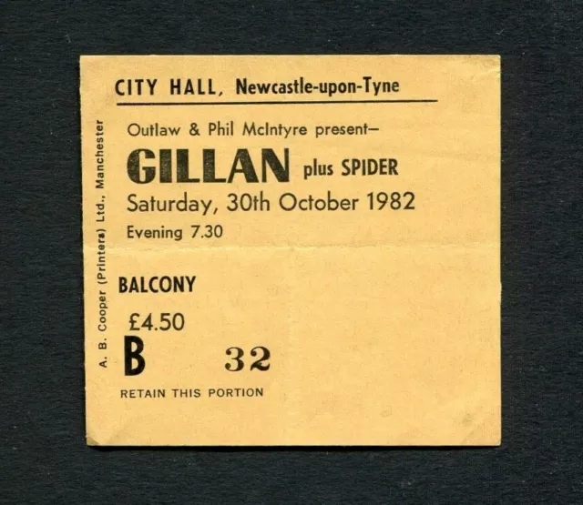 1982 Ian Gillan & Spider Concert Ticket Stub Newcastle UK England Magic Tour