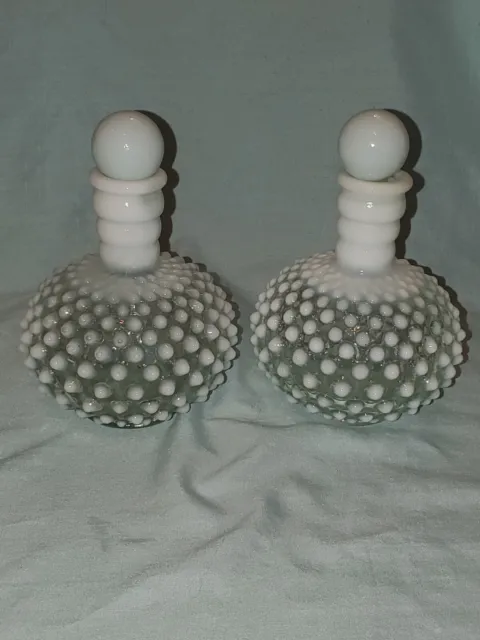 Pair FENTON Hobnail Milk Glass WRISLEY COLOGNE Perfume Decanter BOTTLE Set Of 2