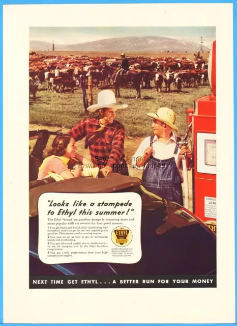 1937 Ethyl Gasoline Gas Pump Cowboys Beef Cattle Herd Photo Stampede Ad