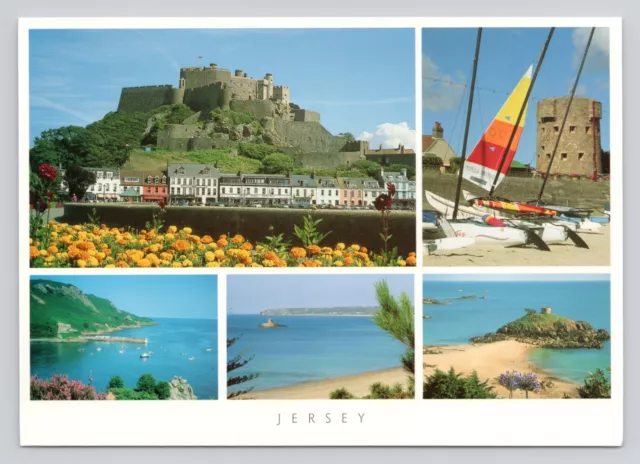 Postcard (S11) C.I. Jersey Bouley Bay St Ouens Bay Portelet Bay Castle Hobie Cat