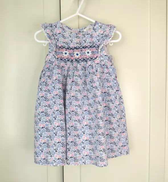 Baby M & Co Girls Blue Floral Print Dress Smocked Lined Age 12-18 Months