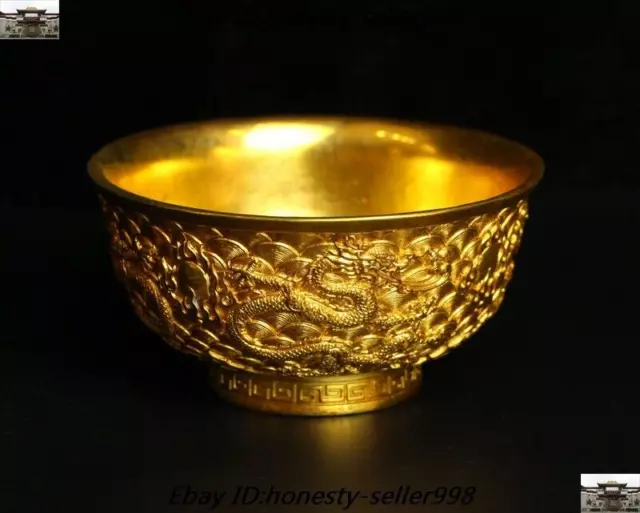 Old Chinese palace dynasty Bronze 24k gold Gilt Dragon statue Tea cup Bowl Bowls