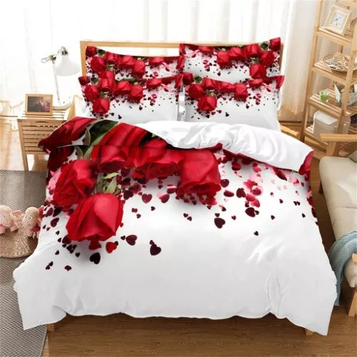 Pink Red Rose Quilt Duvet Cover Bedding Set Bedspread Pillowcases Duvet Cover