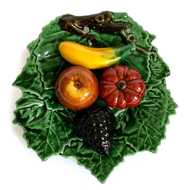 Antique Majolica Palissy Style Fruit Vegetable Leaf Wall 3D Display Plaque Plate