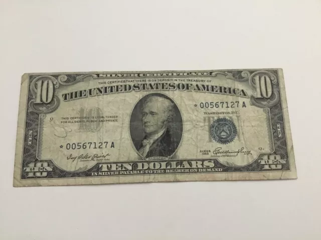 VINTAGE rare 1953 $10 SILVER CERTIFICATE STAR NOTE TEN DOLLAR BILL HAMILTON BLUE 2