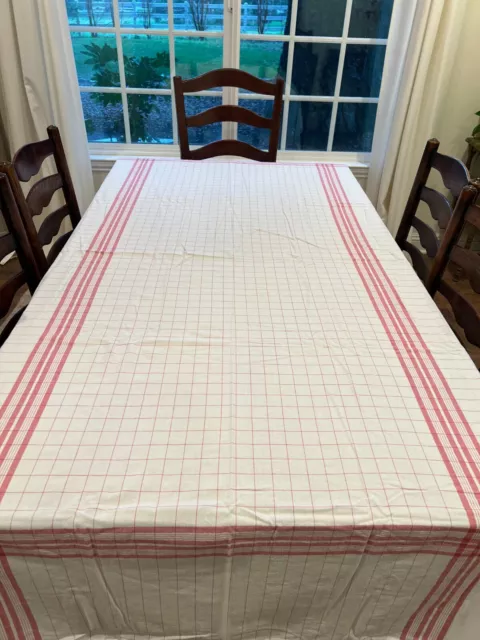 Vintage Tablecloth Cotton White Linen with Red Plaid Long 98" x 56"  Grannychic