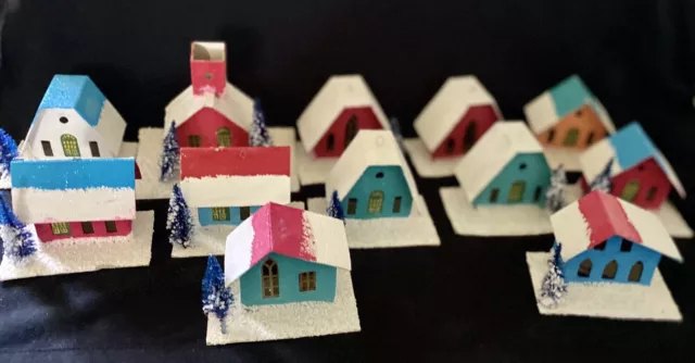 Rare Christmas Village 12 Glitter Houses in Original Box, Putz, Mica, Vintage 2