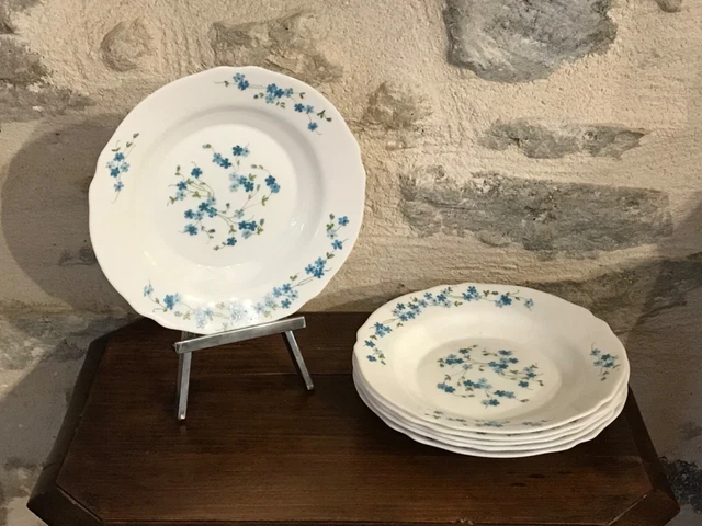 Lot De 6 Assiettes à Dessert Arcopal Véronica - Motif Myosotis (ne-m'oublie-pas) - En Verre - Occasion En Excellent état