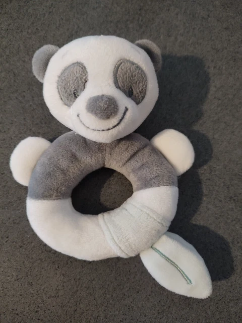 Doudou hochet panda blanc gris feuille NATTOU grelot