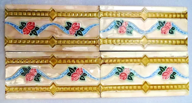 Antique Tile Majolica Japan Rose Design Strips Art Nouveau Porcelain 4 Pc Lot