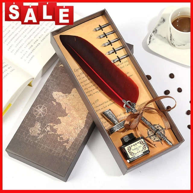 RETRO CALLIGRAPHY FEATHER Dip Pen Writing Ink Quill Fountain Pen Set ...