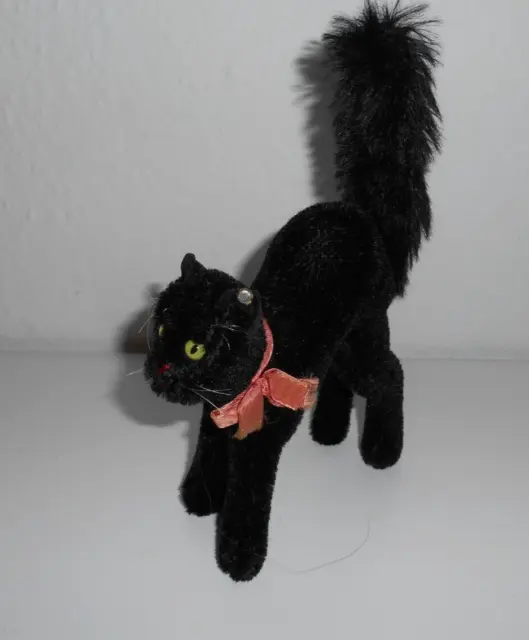 alte schwarze Steiff  Katze Buckel - Kater TOMCAT  mit Knopf  14 cm  50/60er