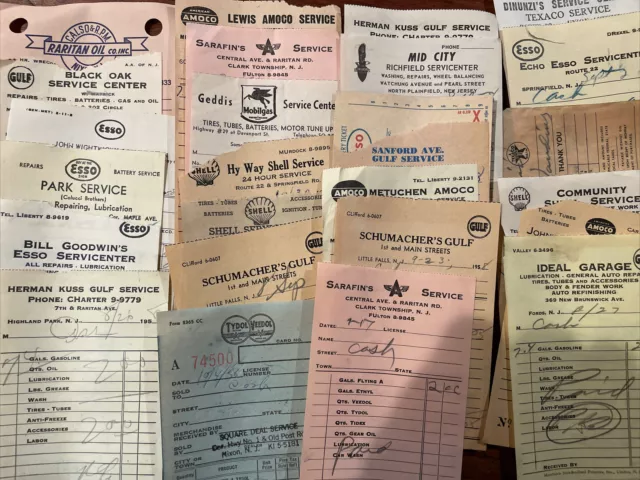 1958 Lot Gas Station Receipts GULF SHELL ESSO AMOCO TYDOL MOBIL