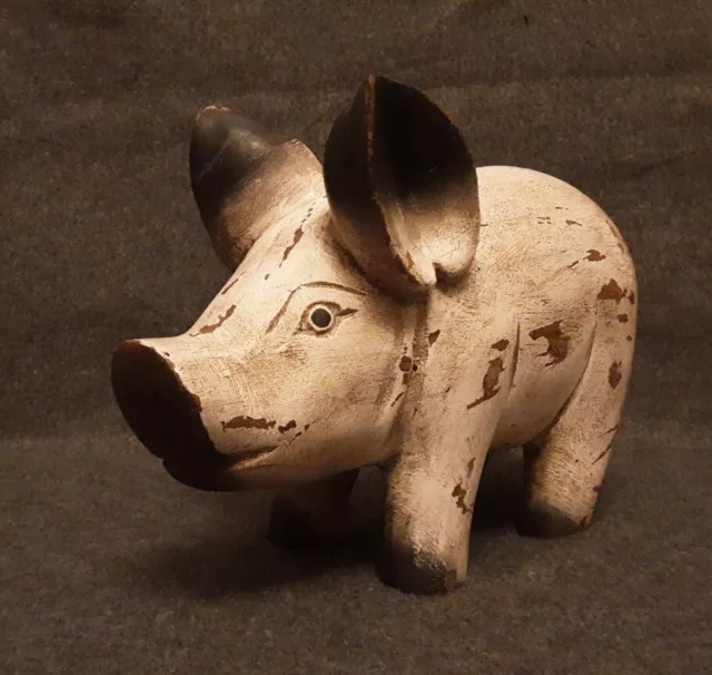 VINTAGE LARGE HAND CARVED & PAINTED WOODEN PIG 10" X 7"  Treen Shabby Rustic