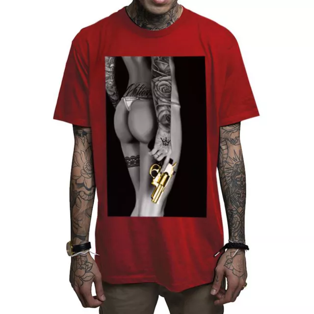 Mafioso Homme Goldie T-Shirt Rouge Vêtements Tatouage Crâne T