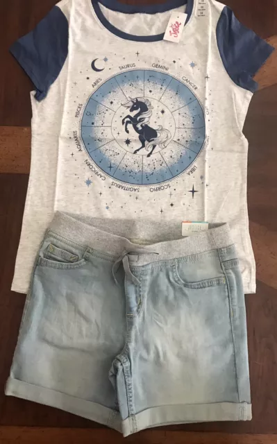 Justice Girl’s Jean Shorts & Unicorn Zodiac T-Shirt, Sz 14 Slim, NWT