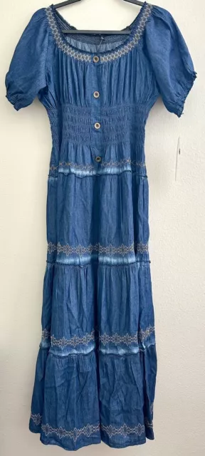 Indigo & Lace Boho Peasant Dress Maxi Elastic Waist Tiered Blue XL Extra Large