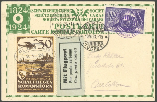 LUFTPOST 9.6.1924, Schfliegen ROMANSHORN mit Vignette 30 Rp. und Mi.Nr. 182,