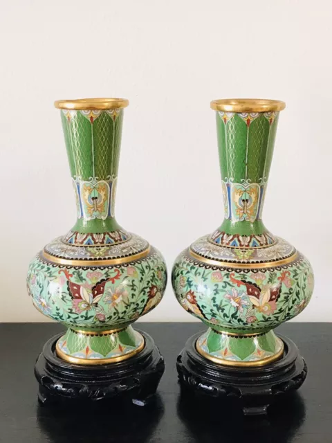 8 Inches Tall Vintage Chinese Pair of Green Cloisonne Floral & Butterfly Vases