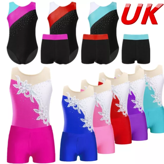 UK Girls Sleeveless Gymnastic Leotards with Shorts Set Ballet Dance Bodysuit