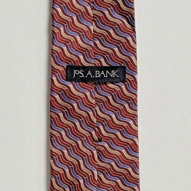 Jos A Bank Silk Tie Burgundy Blue Brown Geometric 60 x 3.75 Necktie Pre-Owned 3