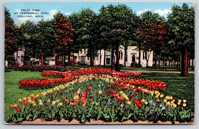 Holland Michigan~Tulip Time Scene Centennial Park~Vintage Linen Postcard